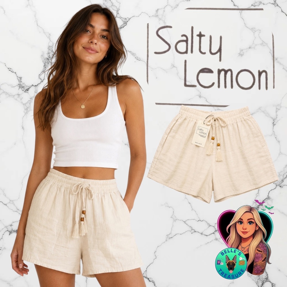 Salty Lemon Womens Small Oyster Cotton Gauze Drawstring Shorts Tassel Bead NEW